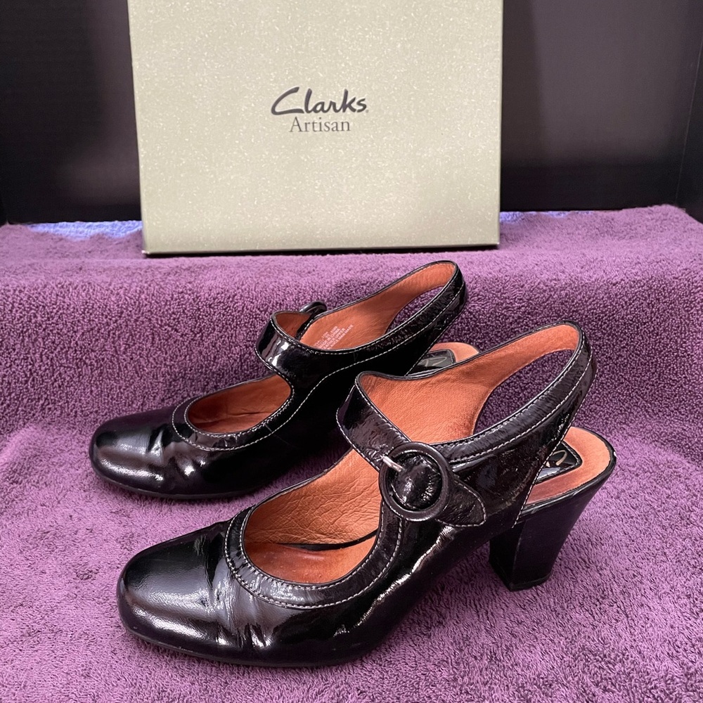 Clarks Black Patent Diamond Love Sling Back Mary Jane Heels